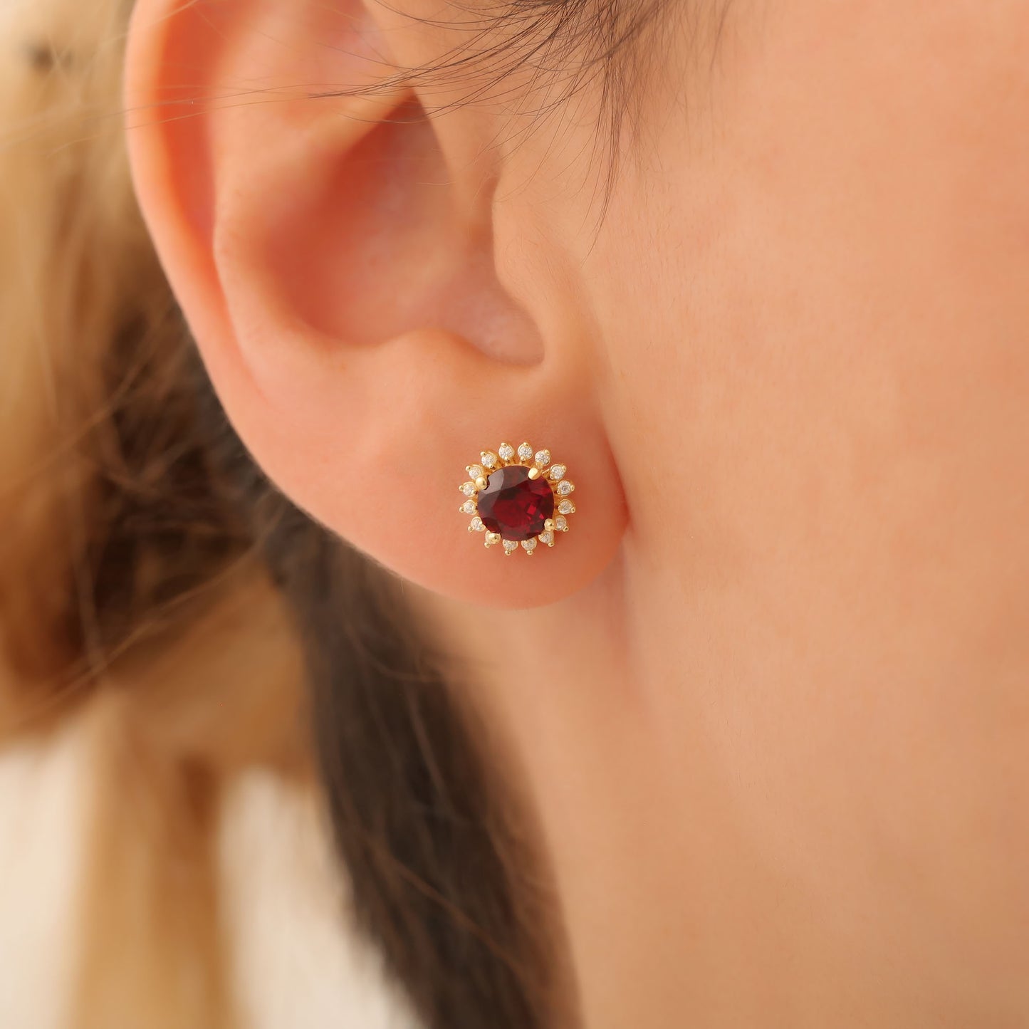 10K/14K Solid Gold Ruby Stud Earrings in Round Shape Surrounded by Real Diamonds, July Birthstone Gift