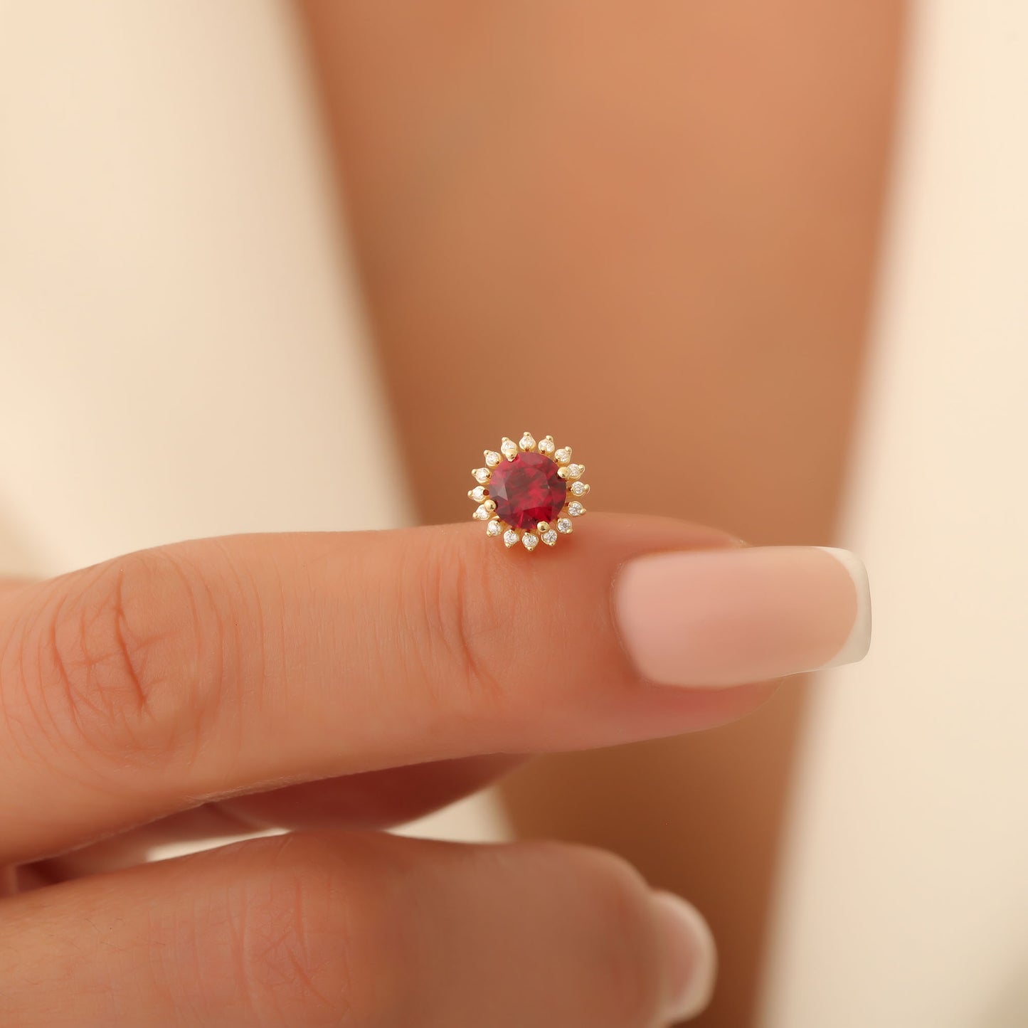 10K/14K Solid Gold Ruby Stud Earrings in Round Shape Surrounded by Real Diamonds, July Birthstone Gift
