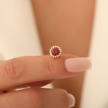 10K/14K Solid Gold Ruby Stud Earrings in Round Shape Surrounded by Real Diamonds, July Birthstone Gift