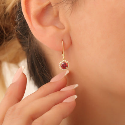 8K/10K/14K Solid Gold Garnet Dangle Earrings in Round Shape Surrounded by Real Diamonds, Birthstone Jewelry for January