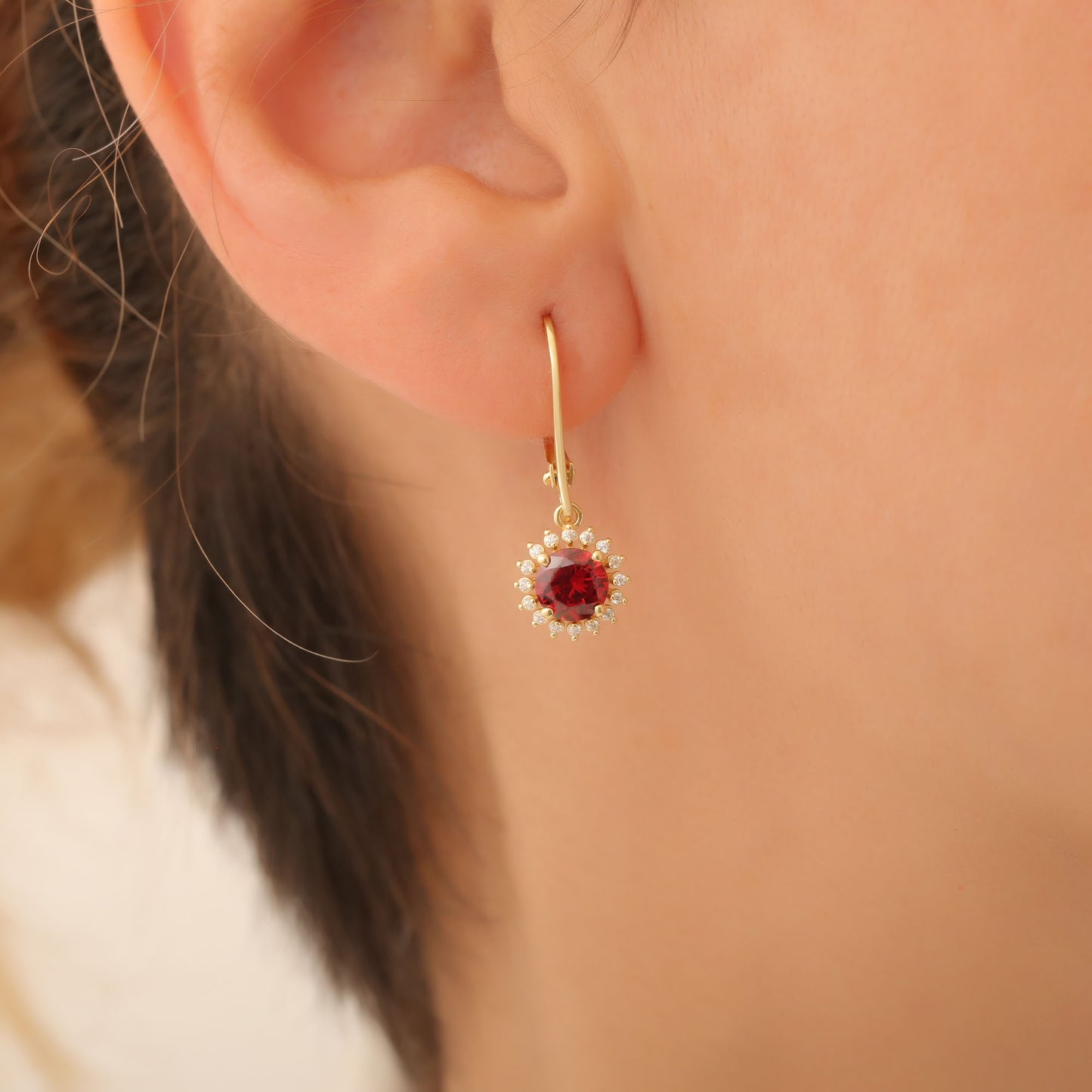 8K/10K/14K Solid Gold Garnet Dangle Earrings in Round Shape Surrounded by Real Diamonds, Birthstone Jewelry for January