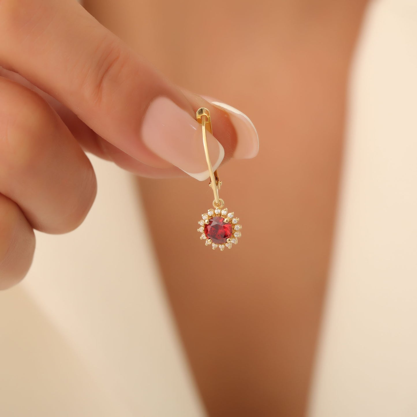 8K/10K/14K Solid Gold Garnet Dangle Earrings in Round Shape Surrounded by Real Diamonds, Birthstone Jewelry for January