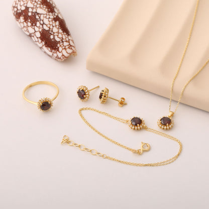 10K/14K Solid Gold Smoky Quartz Necklace in Round Shape Surrounded by Real Diamonds