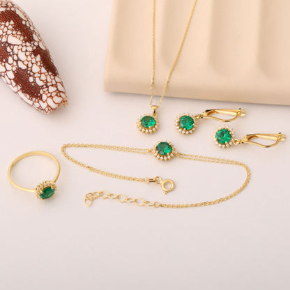 8K/10K/14K Solid Gold Emerald Dangle Earrings in Round Shape Surrounded by Real Diamonds, May Birthstone Jewelry