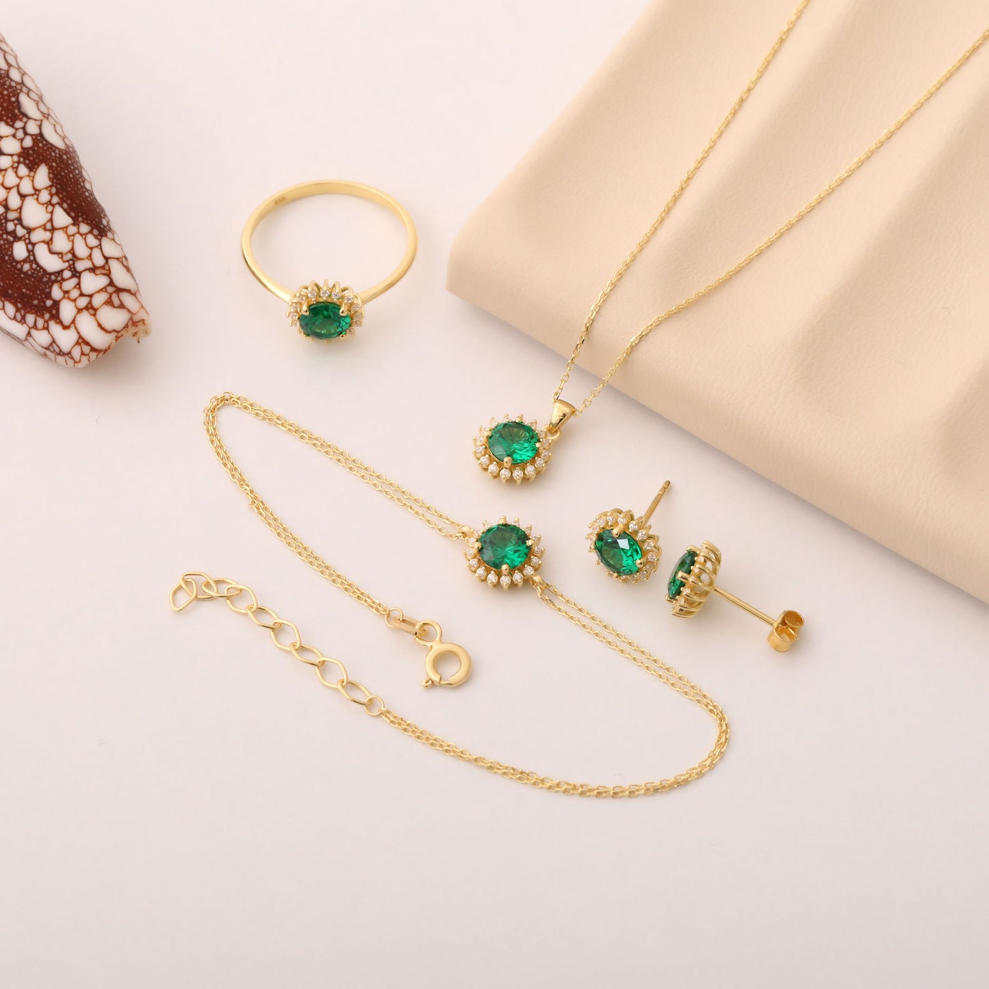 10K/14K Solid Gold Emerald Stud Earrings in Round Shape Surrounded by Real Diamonds, May Birthstone Jewelry