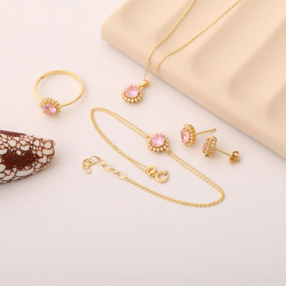 8K/10K/14K Solid Gold Pink Tourmaline Dangle Earrings in Round Shape Surrounded by Real Diamonds, Gift for October