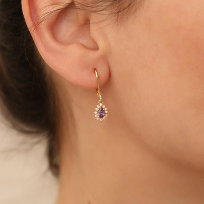 Teardrop Dangle Amethyst Earring Surrounded by Real Diamonds 8K/10K/14K Solid Gold, February Birthstone