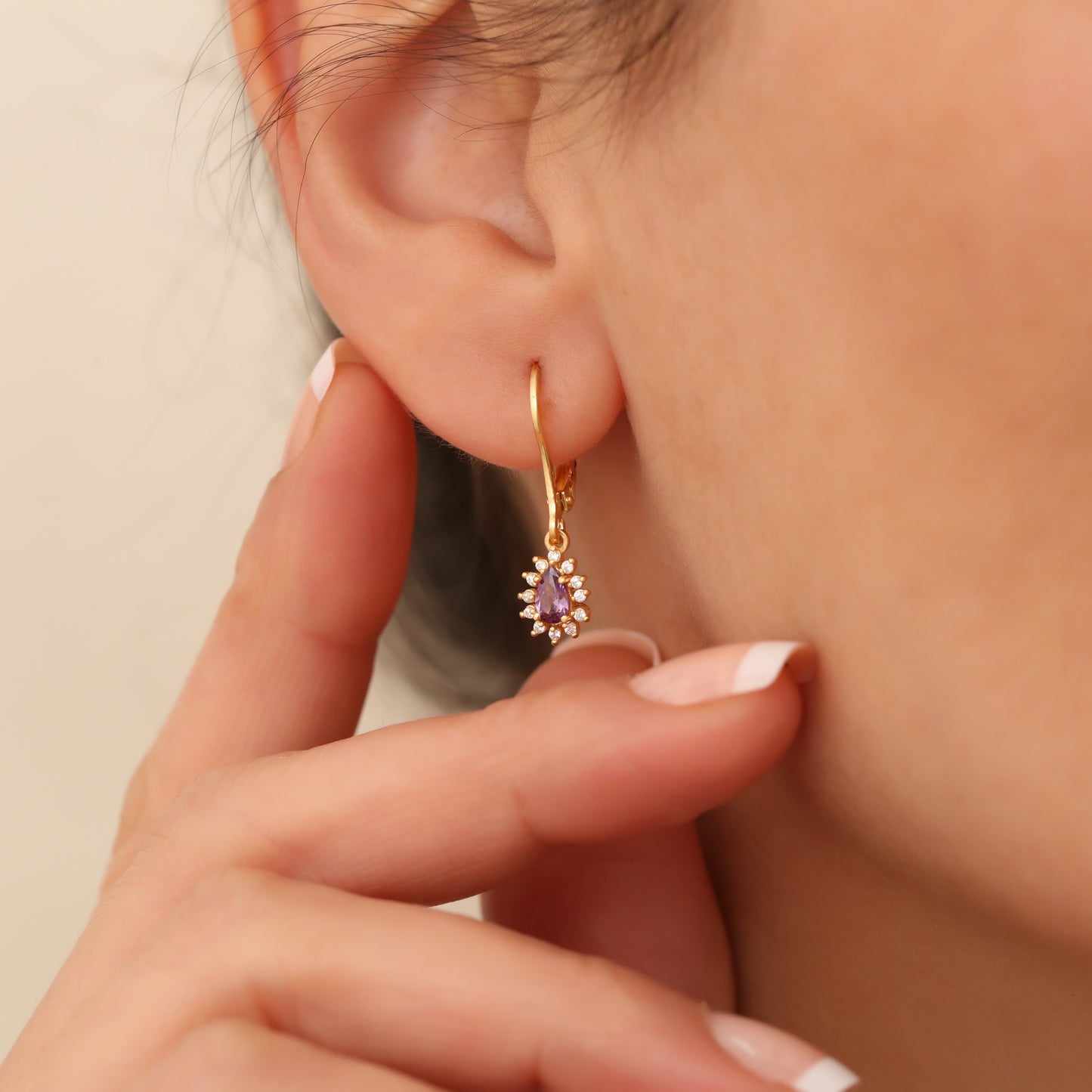 Teardrop Dangle Amethyst Earring Surrounded by Real Diamonds 8K/10K/14K Solid Gold, February Birthstone