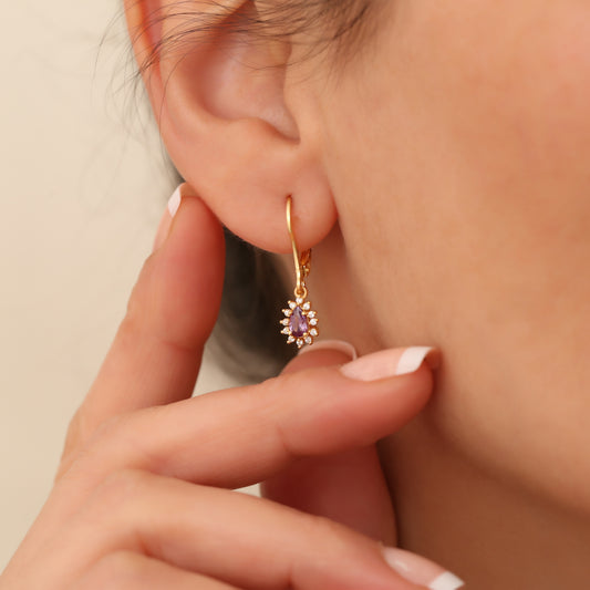 Teardrop Dangle Amethyst Earring Surrounded by Real Diamonds 8K/10K/14K Solid Gold, February Birthstone