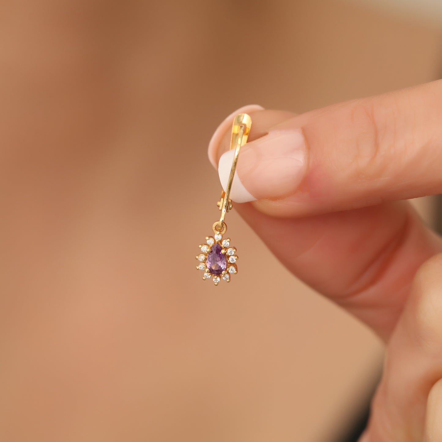 Teardrop Dangle Amethyst Earring Surrounded by Real Diamonds 8K/10K/14K Solid Gold, February Birthstone