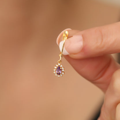 Teardrop Dangle Amethyst Earring Surrounded by Real Diamonds 8K/10K/14K Solid Gold, February Birthstone