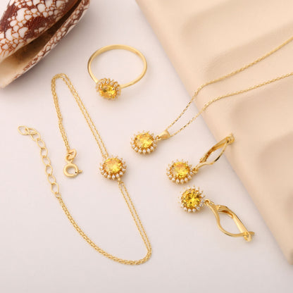 10K/14K Solid Gold Yellow Topaz Necklace in Round Shape Surrounded by Real Diamonds