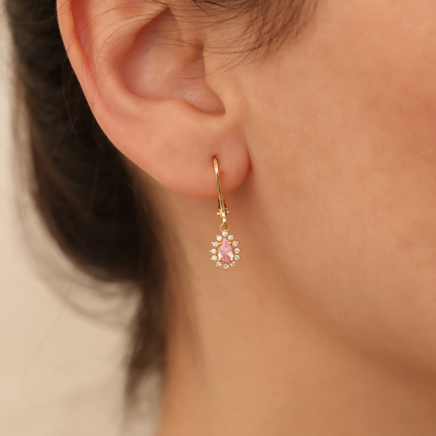 Teardrop Dangle Pink Tourmaline Earring Surrounded by Real Diamonds 8K/10K/14K Solid Gold, October Birthstone