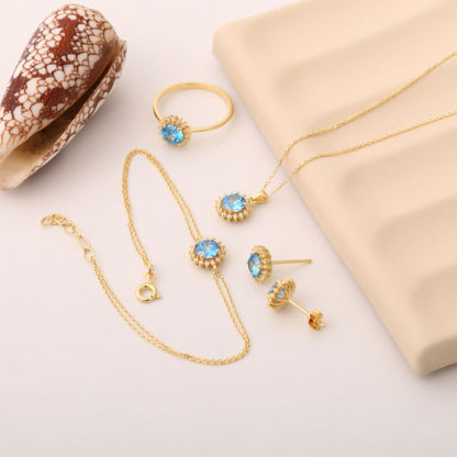 10K/14K Solid Gold Blue Topaz Bracelet in Round Shape Surrounded by Real Diamonds