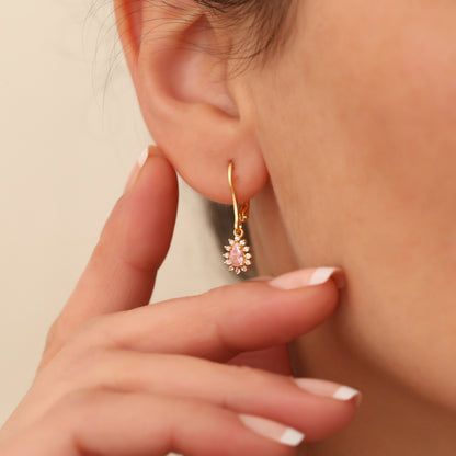 Teardrop Dangle Pink Tourmaline Earring Surrounded by Real Diamonds 8K/10K/14K Solid Gold, October Birthstone