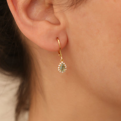 Teardrop Dangle Aquamarine Earring Surrounded by Real Diamonds 8K/10K/14K Solid Gold, March Birthstone