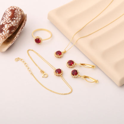 10K/14K Solid Gold Ruby Bracelet in Round Shape Surrounded by Real Diamonds
