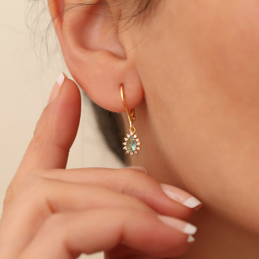 Teardrop Dangle Aquamarine Earring Surrounded by Real Diamonds 8K/10K/14K Solid Gold, March Birthstone