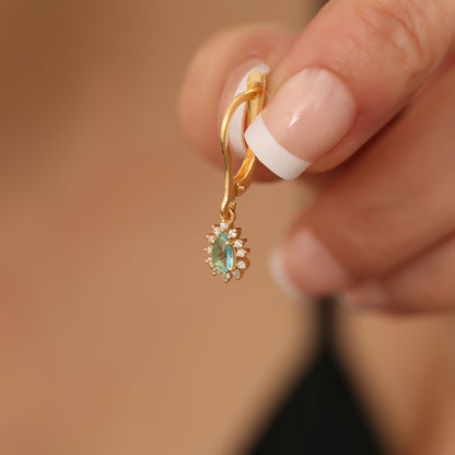 Teardrop Dangle Aquamarine Earring Surrounded by Real Diamonds 8K/10K/14K Solid Gold, March Birthstone