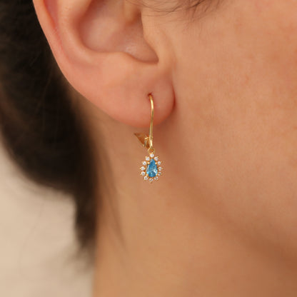 Teardrop Dangle Blue Topaz Earring Surrounded by Real Diamonds 8K/10K/14K Solid Gold, December Birthstone