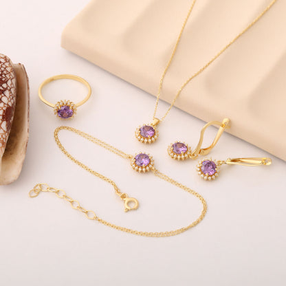 10K/14K Solid Gold Amethyst Stud Earrings in Round Shape Surrounded by Real Diamonds, February Birthstone Jewelry