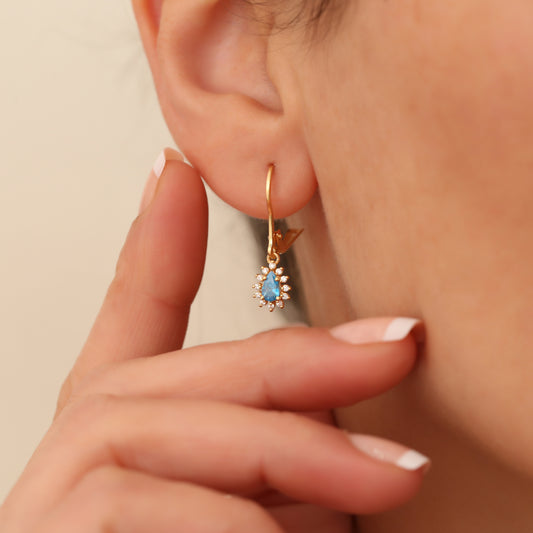 Teardrop Dangle Blue Topaz Earring Surrounded by Real Diamonds 8K/10K/14K Solid Gold, December Birthstone