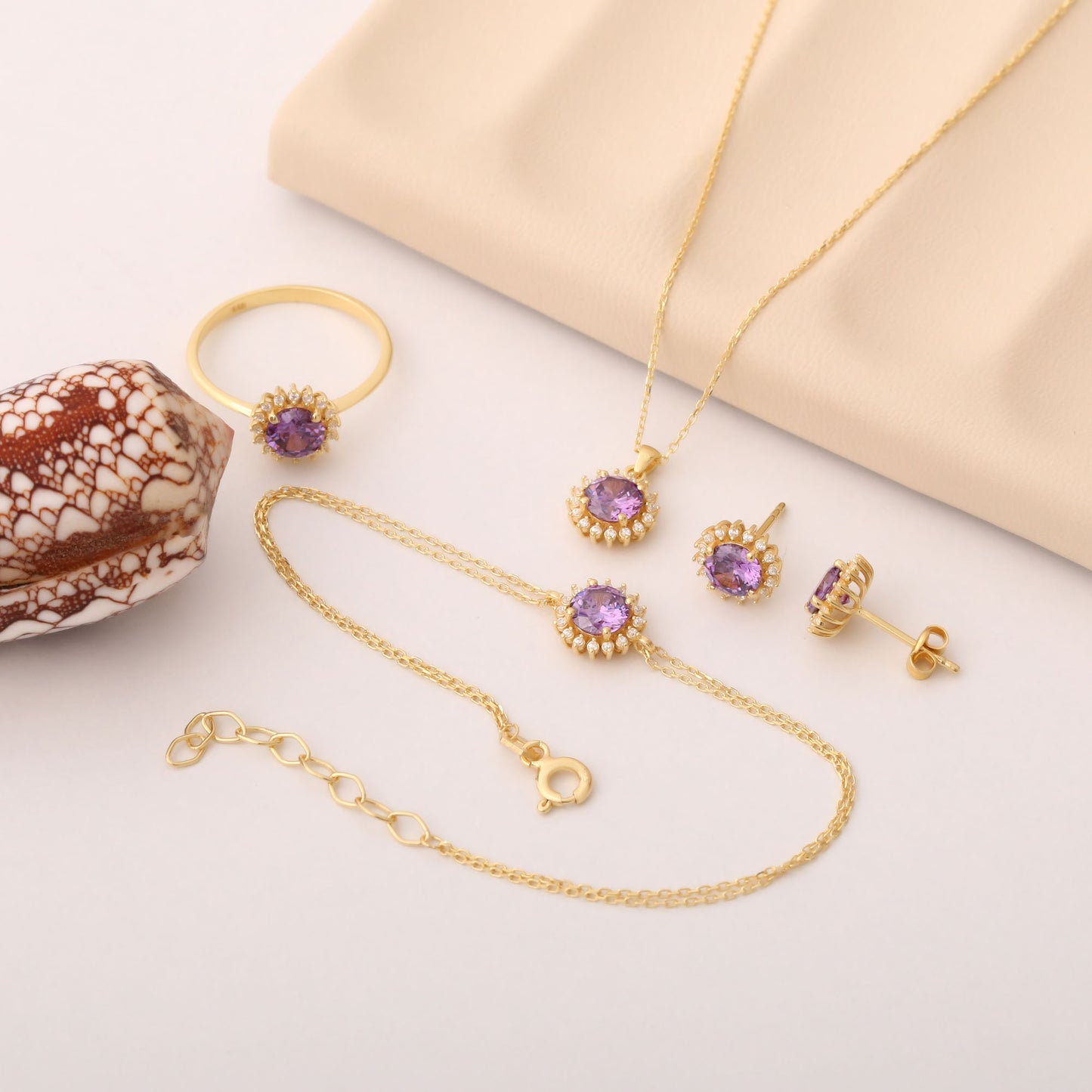 10K/14K Solid Gold Amethyst Stud Earrings in Round Shape Surrounded by Real Diamonds, February Birthstone Jewelry