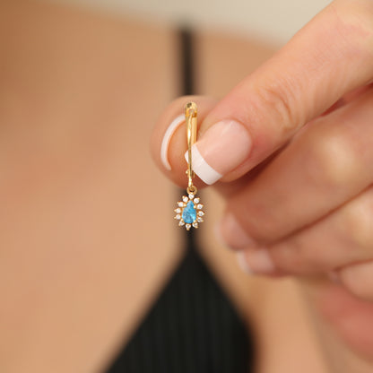 Teardrop Dangle Blue Topaz Earring Surrounded by Real Diamonds 8K/10K/14K Solid Gold, December Birthstone