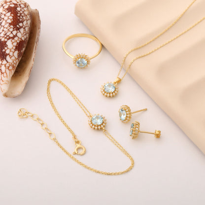 Aquamarine Ring in Round 8K/10K/14K Solid Gold Shape Surrounded by Real Diamonds, March Birthstone