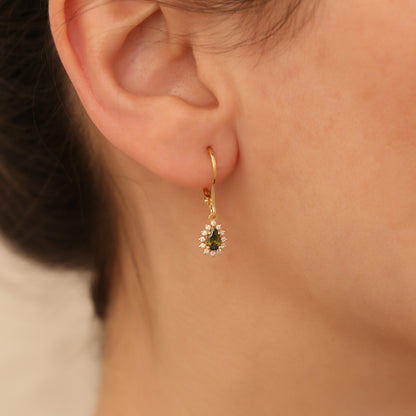 Teardrop Dangle Peridot Earring Surrounded by Real Diamonds 8K/10K/14K Solid Gold, August Birthstone