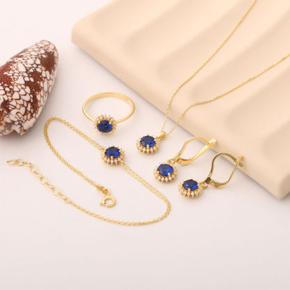 8K/10K/14K Solid Gold Sapphire Dangle Earrings in Round Shape Surrounded by Real Diamonds, Birthstone Jewelry for September Gifts