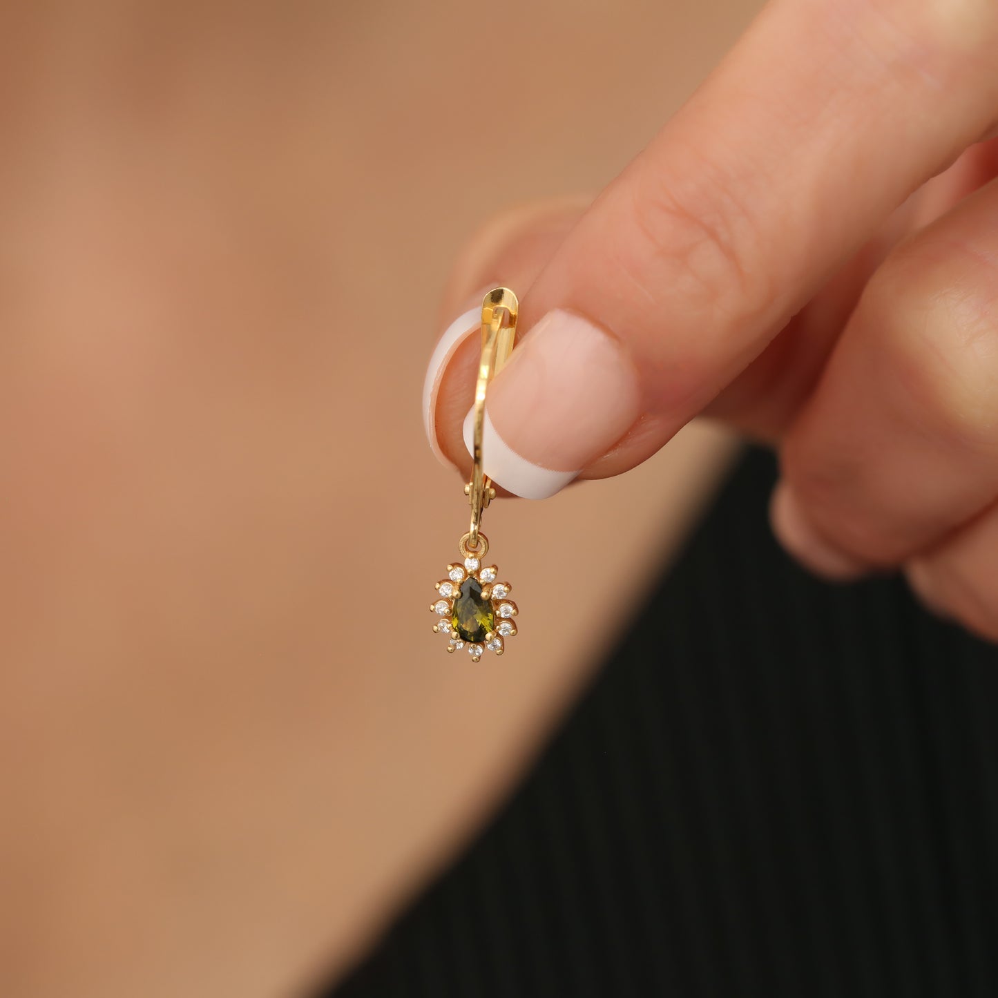 Teardrop Dangle Peridot Earring Surrounded by Real Diamonds 8K/10K/14K Solid Gold, August Birthstone