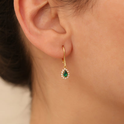 Teardrop Dangle Emerald Earring Surrounded by Real Diamonds 8K/10K/14K Solid Gold, May Birthstone