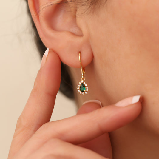 Teardrop Dangle Emerald Earring Surrounded by Real Diamonds 8K/10K/14K Solid Gold, May Birthstone