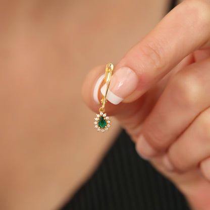 Teardrop Dangle Emerald Earring Surrounded by Real Diamonds 8K/10K/14K Solid Gold, May Birthstone