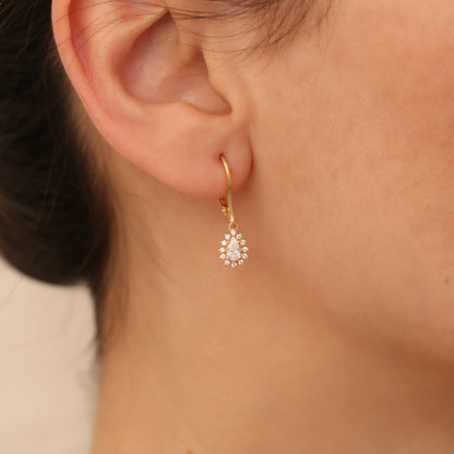 Teardrop Dangle White Topaz Earring Surrounded by Real Diamonds 8K/10K/14K Solid Gold, April Birthstone