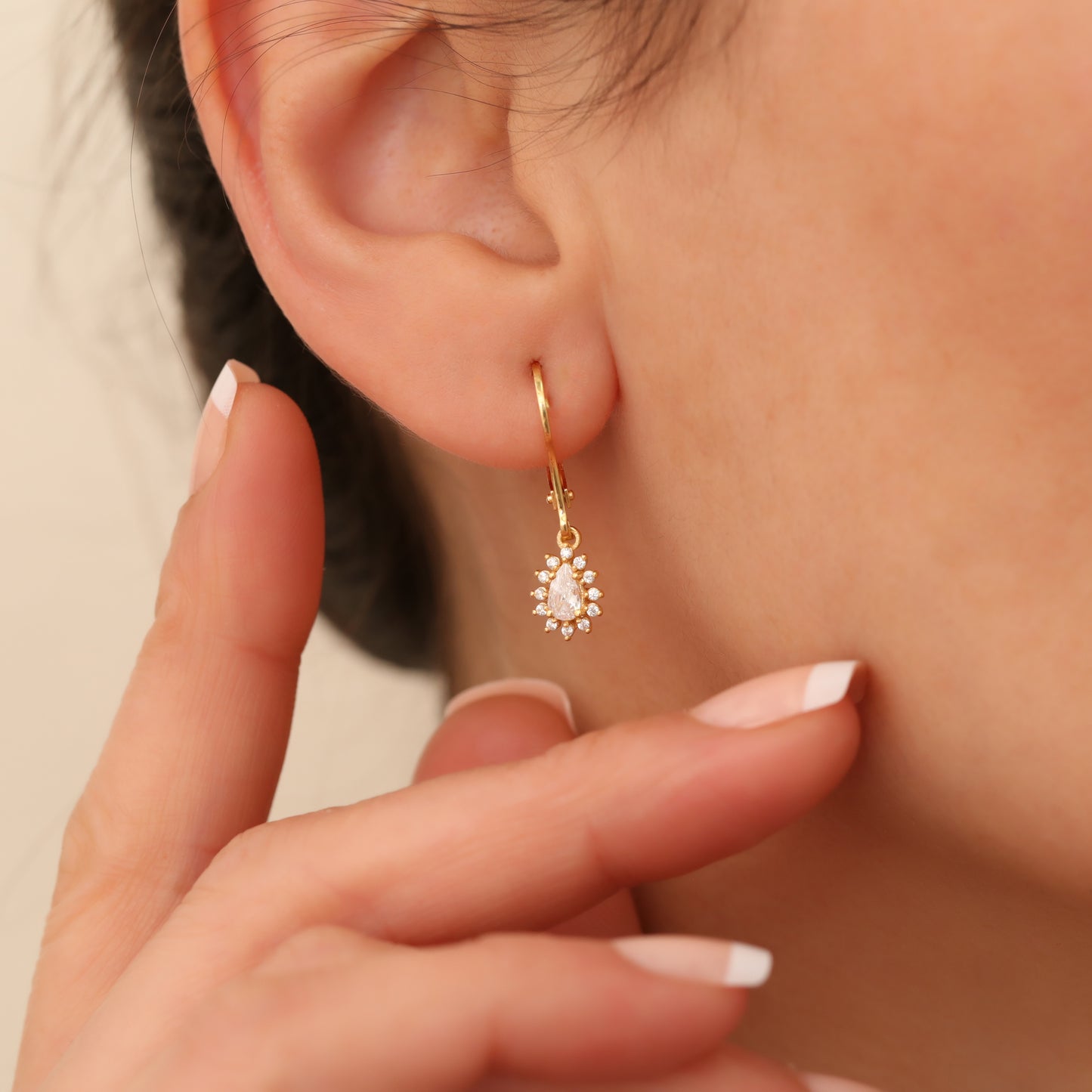 Teardrop Dangle White Topaz Earring Surrounded by Real Diamonds 8K/10K/14K Solid Gold, April Birthstone