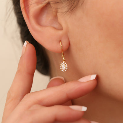 Teardrop Dangle White Topaz Earring Surrounded by Real Diamonds 8K/10K/14K Solid Gold, April Birthstone
