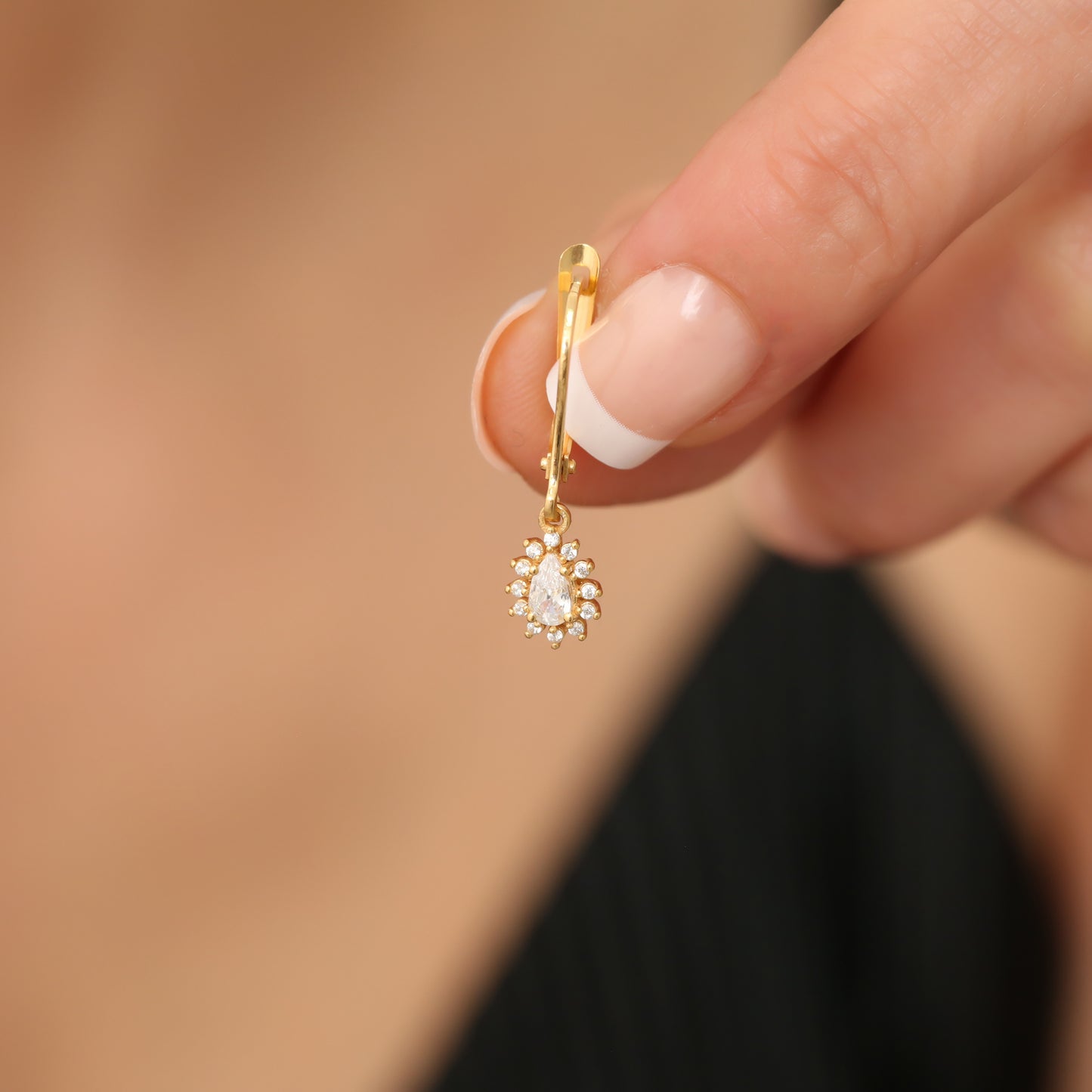 Teardrop Dangle White Topaz Earring Surrounded by Real Diamonds 8K/10K/14K Solid Gold, April Birthstone