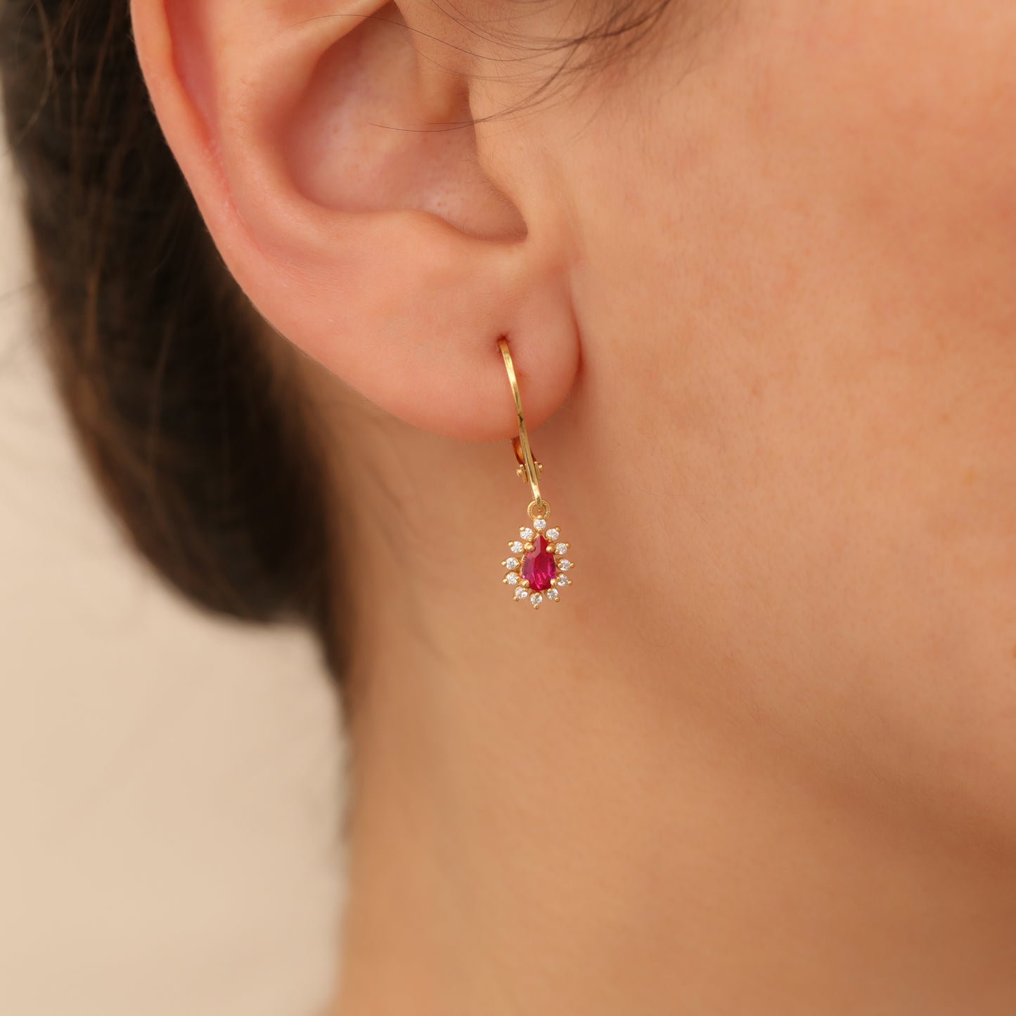 Teardrop Dangle Ruby Earring Surrounded by Real Diamonds 8K/10K/14K Solid Gold, July Birthstone