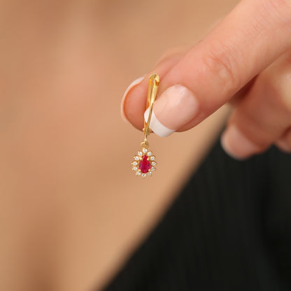 Teardrop Dangle Ruby Earring Surrounded by Real Diamonds 8K/10K/14K Solid Gold, July Birthstone