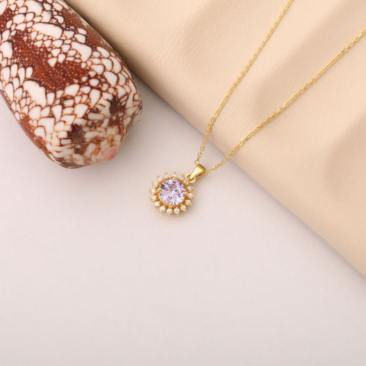 10K/14K Solid Gold Alexandrite Necklace in Round Shape Surrounded by Real Diamonds, June Birthstone Jewelry