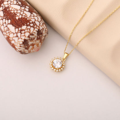 10K/14K Solid Gold White Topaz Necklace in Round Shape Surrounded by Real Diamonds, Birthstone Jewelry for April Gifts