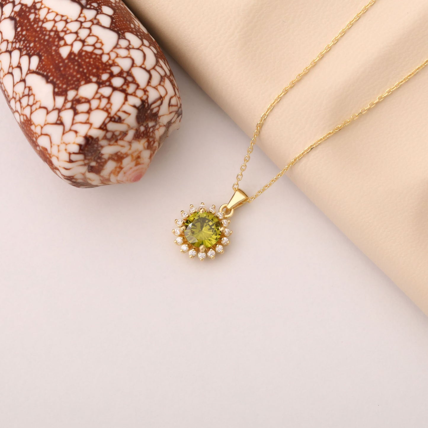 10K/14K Solid Gold Peridot Necklace in Round Shape Surrounded by Real Diamonds, August Birthstone Jewelry