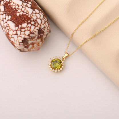 10K/14K Solid Gold Peridot Necklace in Round Shape Surrounded by Real Diamonds, August Birthstone Jewelry