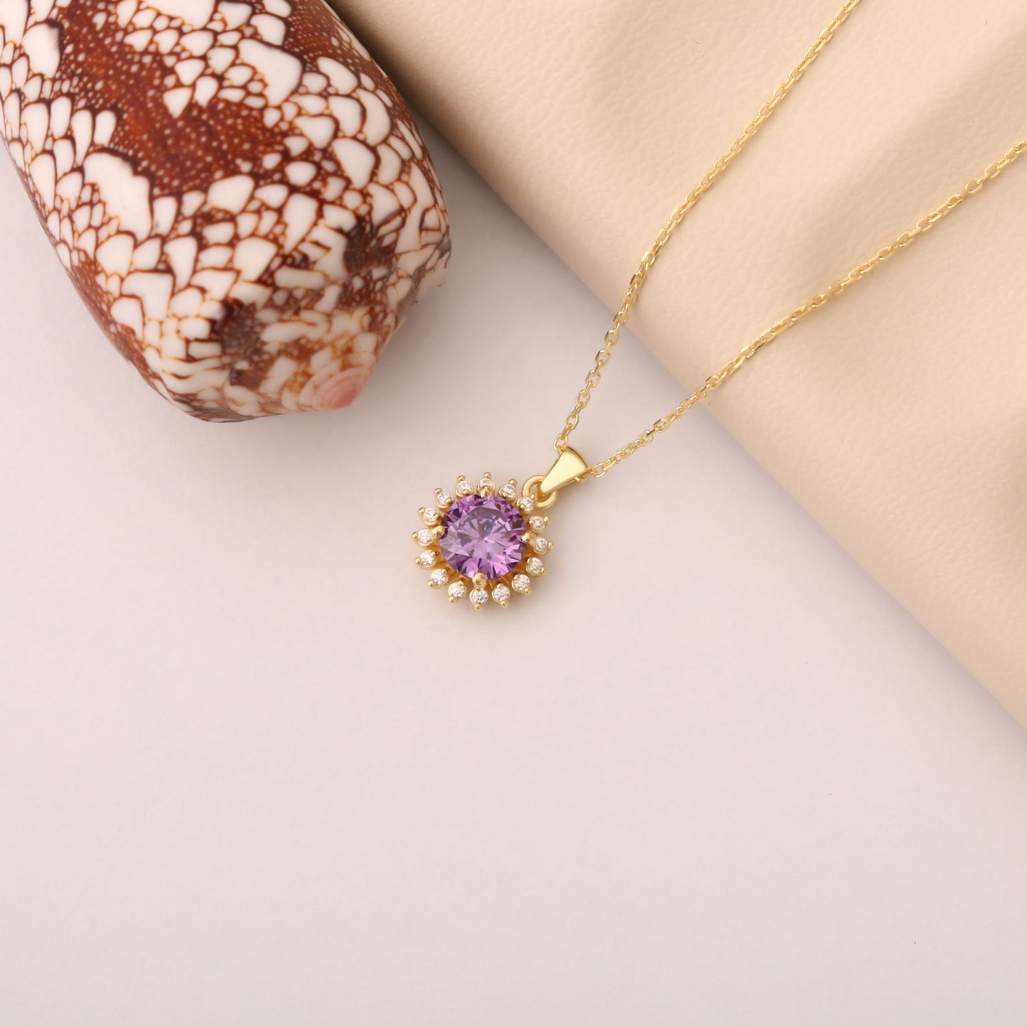 10K/14K Solid Gold Amethyst Necklace in Round Shape Surrounded by Real Diamonds, February Birthstone Jewelry