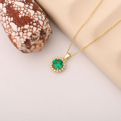10K/14K Solid Gold Emerald Necklace in Round Shape Surrounded by Real Diamonds, May Birthstone Jewelry