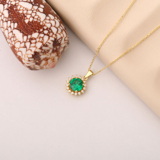 10K/14K Solid Gold Emerald Necklace in Round Shape Surrounded by Real Diamonds, May Birthstone Jewelry