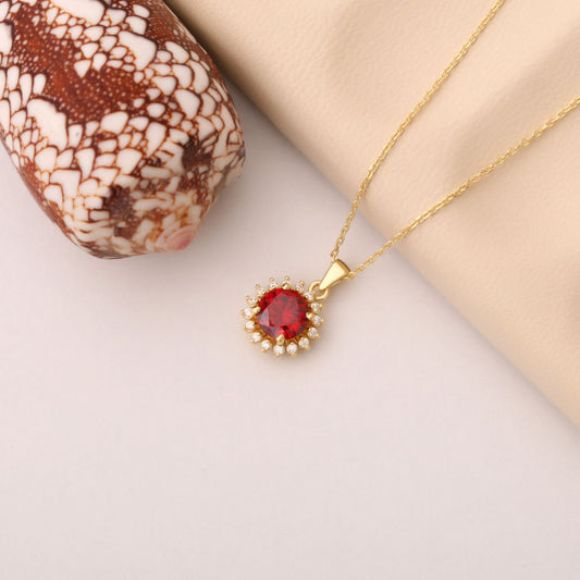 10K/14K Solid Gold Garnet Necklace in Round Shape Surrounded by Real Diamonds, Timeless Birthstone Jewelry for January Gifts