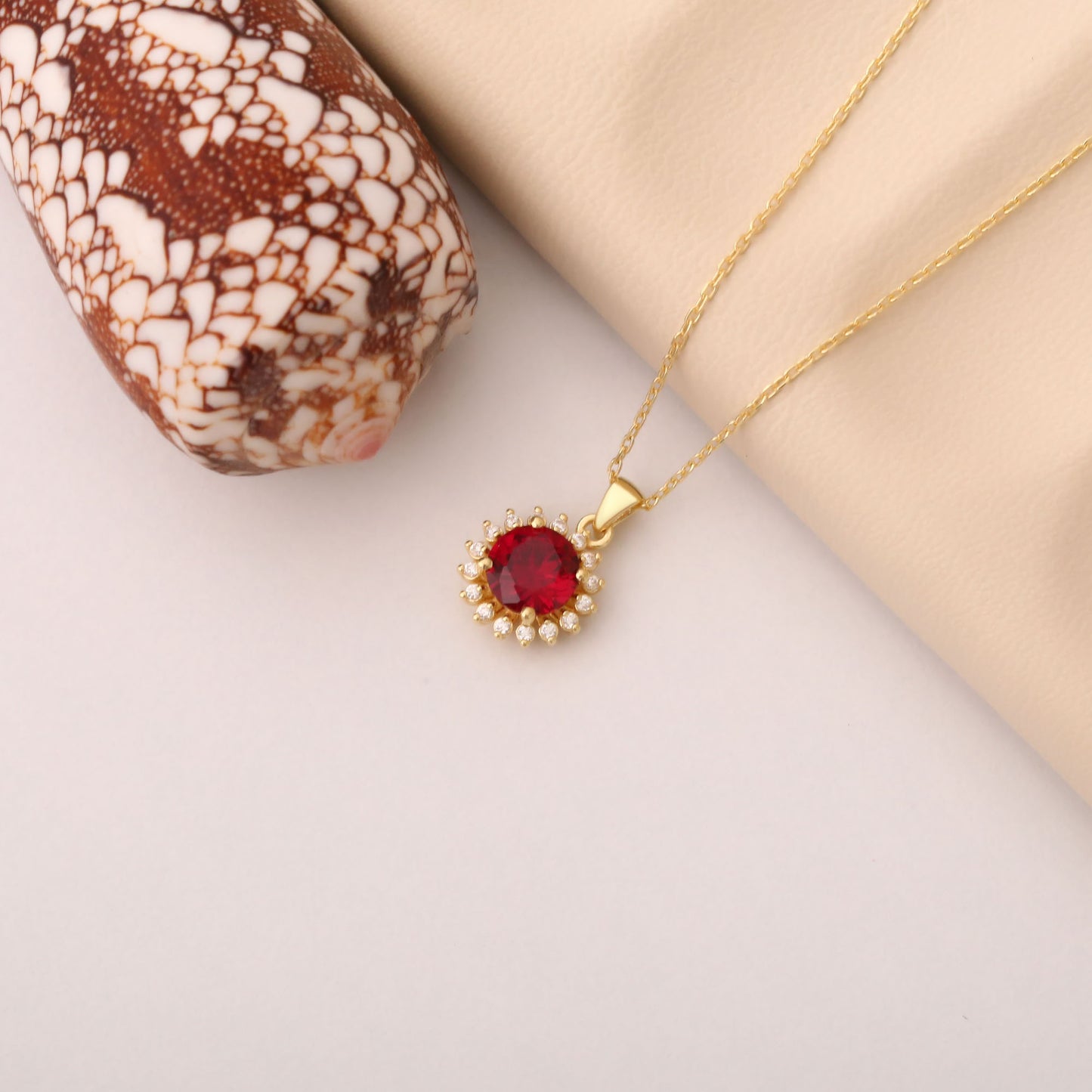 10K/14K Solid Gold Ruby Necklace in Round Shape Surrounded by Real Diamonds, Perfect for Elegant Anniversary, Christmas or July Birthstone Gift